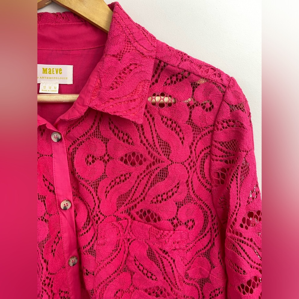 MAEVE by ANTHROPOLOGIE  Lace Boho Slim Buttondown Shirt in Pink Size 12 - Picture 12 of 14